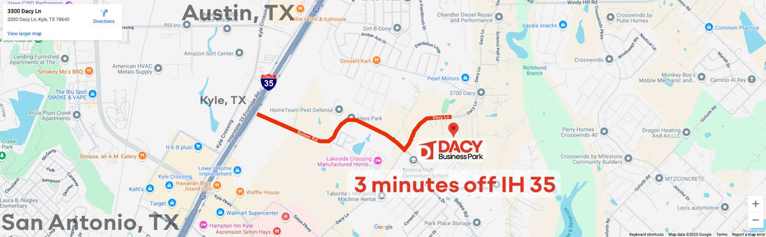 Map of Dacy Business Park in Kyle, Texas, three minutes from Interstate 35