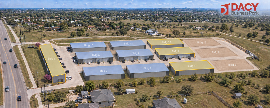 Dacy Business Park aerial rendering with Phase 3 Buildings 1, 4, 8 and 12 highlighted in gold and future Buildings 5, 9 and 13 shown as pad sites