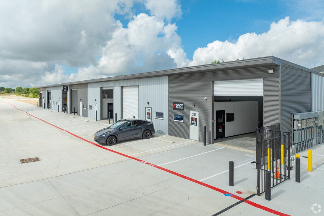 Open roll-up door on a Dacy Business Park flex warehouse suite in Kyle, TX