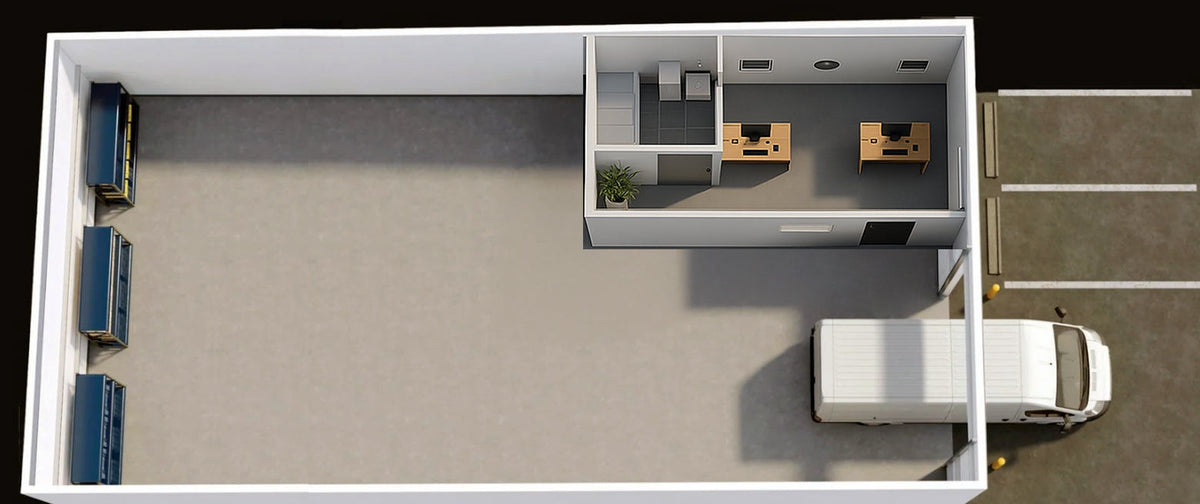 3D look of a typical Dacy suite — office in front, warehouse and roll-up behind